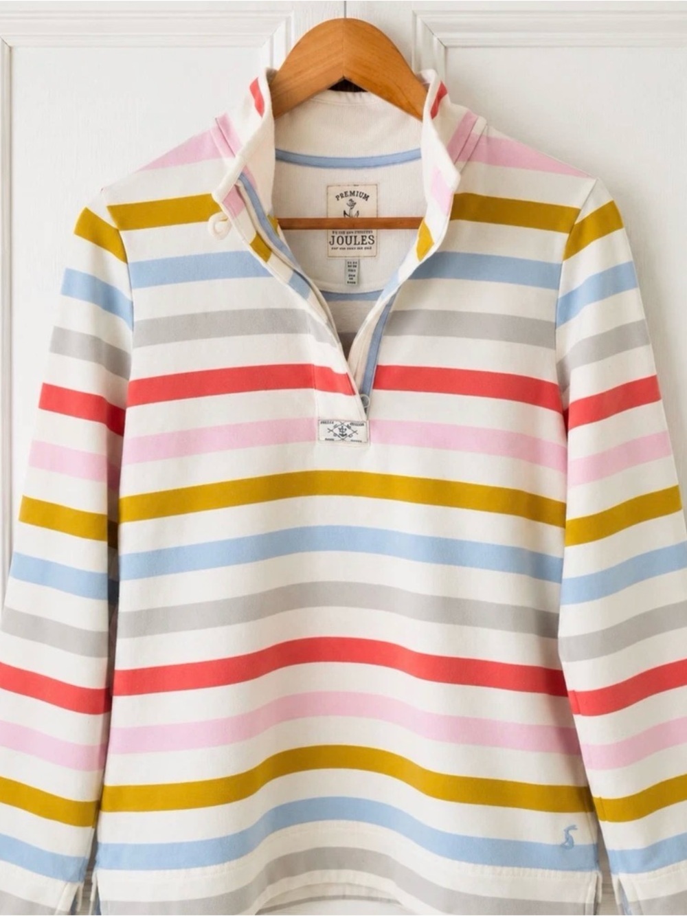 Joules Striped Half-Placket Pullover in Coral, Mustard, Pink & Sky